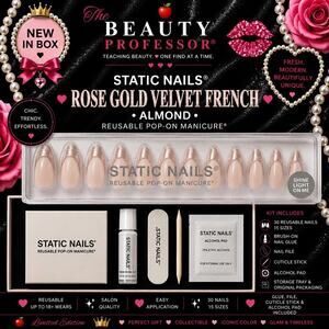 💖 Static Nails Rose Gold Velvet French Almond Reusable Pop-On Manicure New In